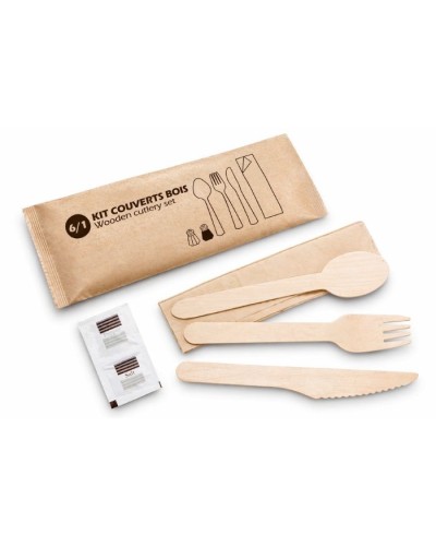 Kit de couvert en bois jetable 6 pcs avec sel et poivre