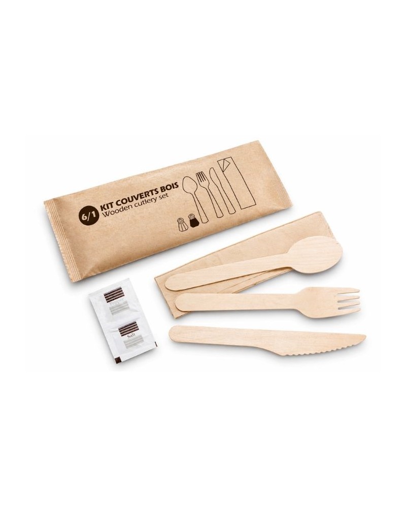 Kit de couvert en bois jetable 6 pcs avec sel et poivre